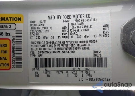 2021 Ford Bronco Sport Big Bend z USA, uszkodzony, nr VIN 3FMCR9B60MRA23790